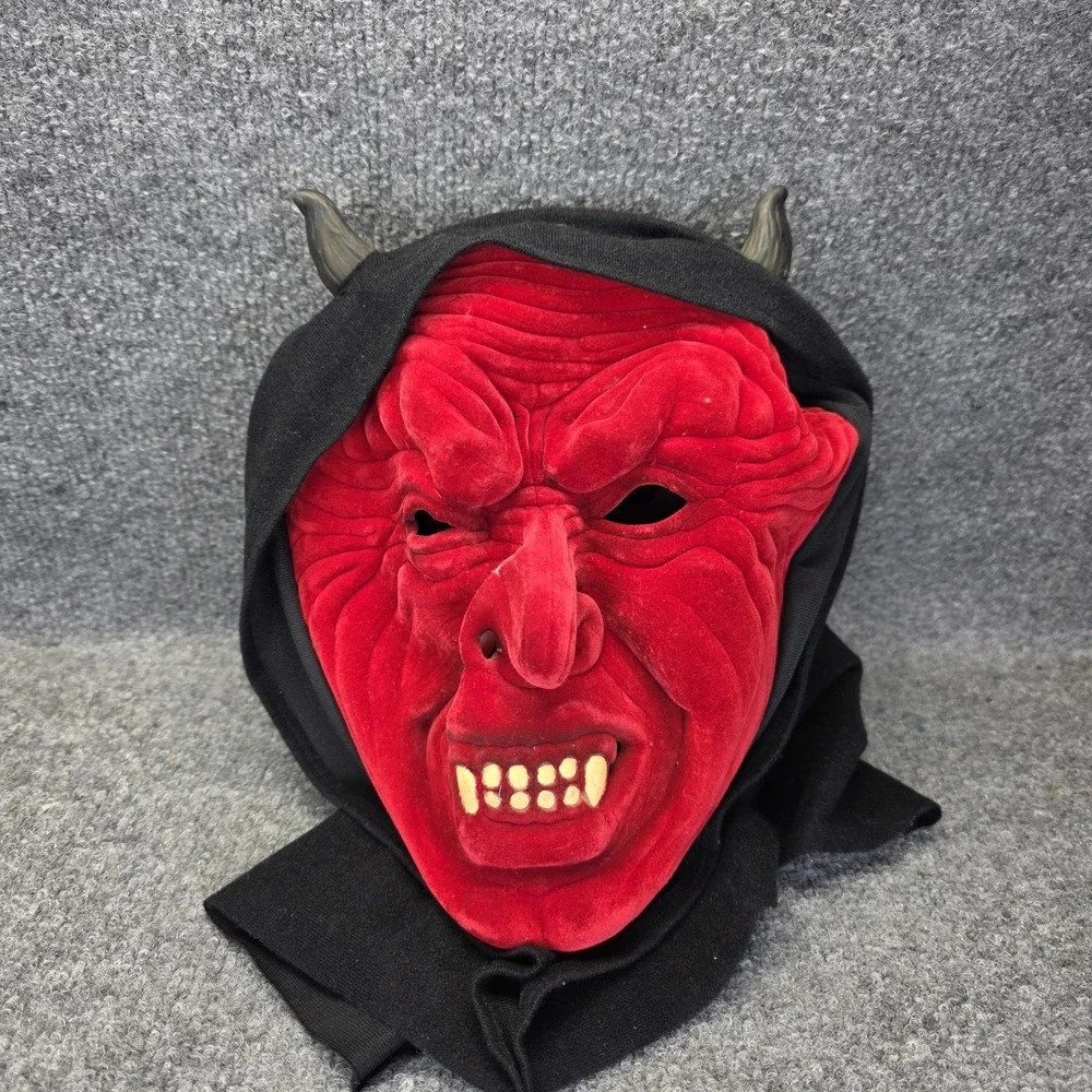 Vtg 90s Halloween Devil Mask Red Velvet Face Horned Hooded Demon Costume Scary